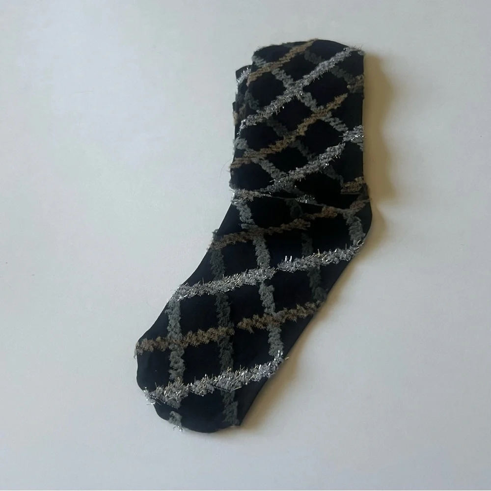 OROBLU OPAQUE FUR TARTAN ANKLE SOCKS BLACK SILVER GOLD NWOT